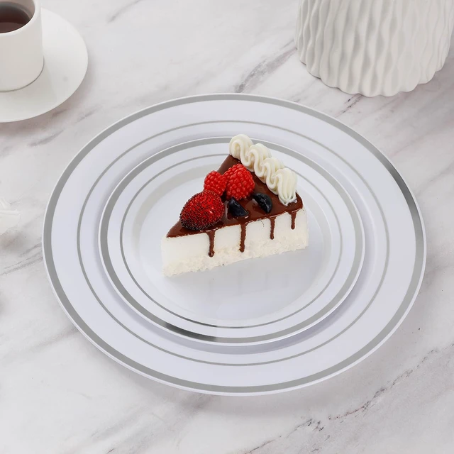 Alt view image 6 of 7 - 200PCS Silver Plastic Plates,Heavy Duty Disposable Silver Plates | 100 10.25 inch Dinner Plates and 100 7.5 inch Dessert Plates, Disposable Plates for Party, Holiday, Wedding