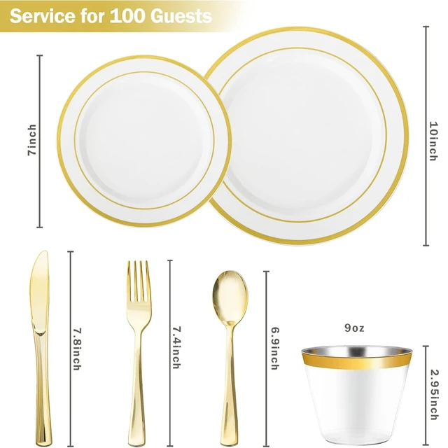 Alt view image 2 of 7 - 600PCS White and Gold Plastic Plates, Disposable Dinnerware Set | 100 Dinner & Dessert Plates, Forks, Spoons, Knives, Cups, Heavy Duty, Gold Rim, 100 Guest, for Wedding Birthday Party