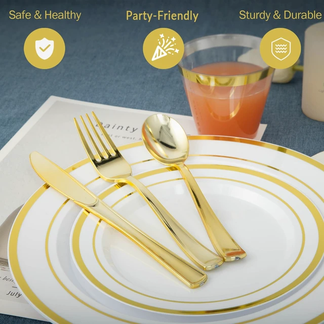 Alt view image 3 of 7 - 600PCS White and Gold Plastic Plates, Disposable Dinnerware Set | 100 Dinner & Dessert Plates, Forks, Spoons, Knives, Cups, Heavy Duty, Gold Rim, 100 Guest, for Wedding Birthday Party