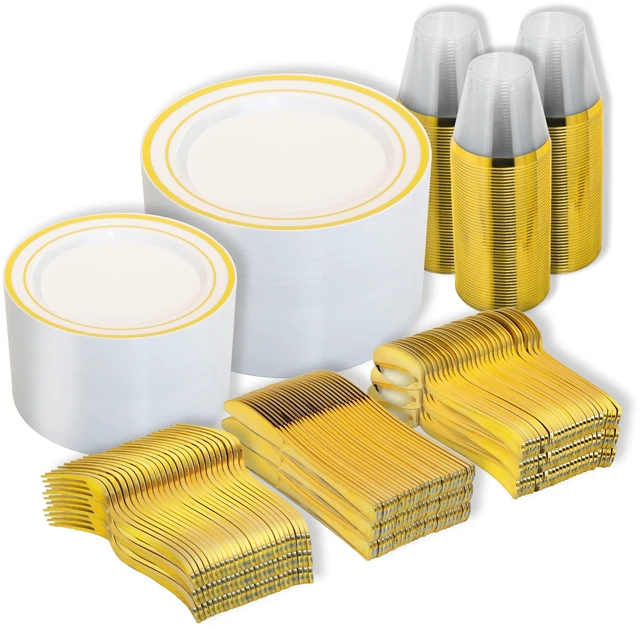 Main image of 600PCS White and Gold Plastic Plates, Disposable Dinnerware Set | 100 Dinner & Dessert Plates, Forks, Spoons, Knives, Cups, Heavy Duty, Gold Rim, 100 Guest, for Wedding Birthday Party