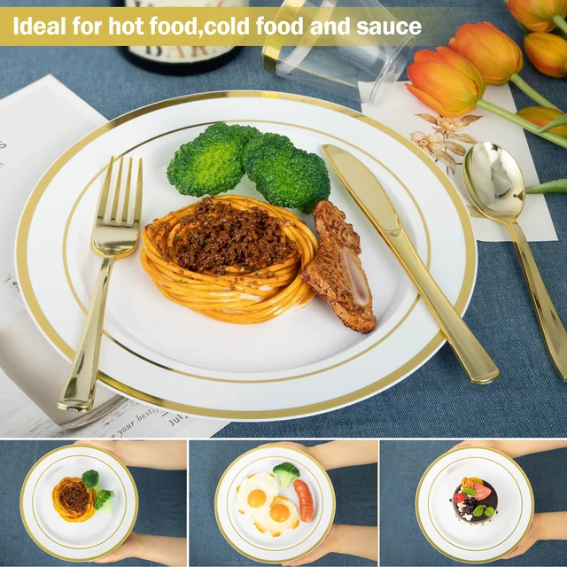 Alt view image 4 of 7 - 600PCS White and Gold Plastic Plates, Disposable Dinnerware Set | 100 Dinner & Dessert Plates, Forks, Spoons, Knives, Cups, Heavy Duty, Gold Rim, 100 Guest, for Wedding Birthday Party