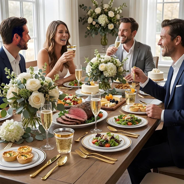 Alt view image 6 of 7 - 600PCS White and Gold Plastic Plates, Disposable Dinnerware Set | 100 Dinner & Dessert Plates, Forks, Spoons, Knives, Cups, Heavy Duty, Gold Rim, 100 Guest, for Wedding Birthday Party
