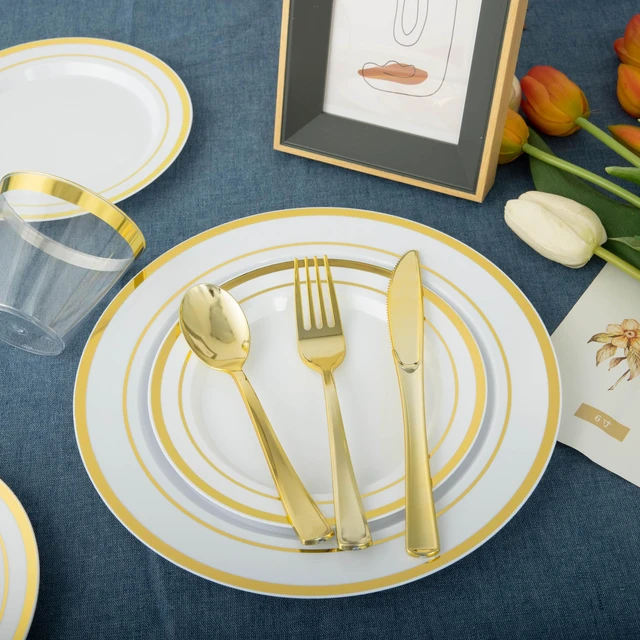 Alt view image 5 of 7 - 600PCS White and Gold Plastic Plates, Disposable Dinnerware Set | 100 Dinner & Dessert Plates, Forks, Spoons, Knives, Cups, Heavy Duty, Gold Rim, 100 Guest, for Wedding Birthday Party