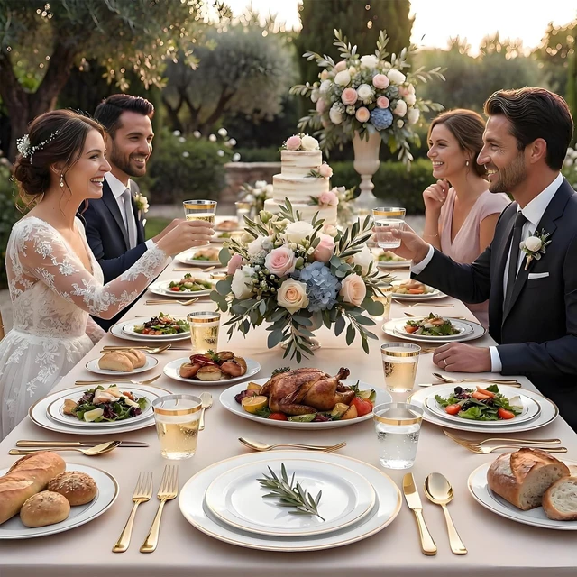 Alt view image 7 of 7 - 600PCS White and Gold Plastic Plates, Disposable Dinnerware Set | 100 Dinner & Dessert Plates, Forks, Spoons, Knives, Cups, Heavy Duty, Gold Rim, 100 Guest, for Wedding Birthday Party
