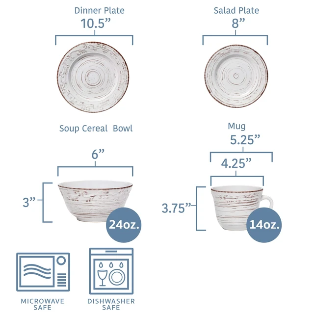 Alt view image 3 of 6 - Trellis White 16-Piece Stoneware Dinnerware Set, Service for 4, Distressed White Finish, Microwave & Dishwasher Safe Plates and Bowls
