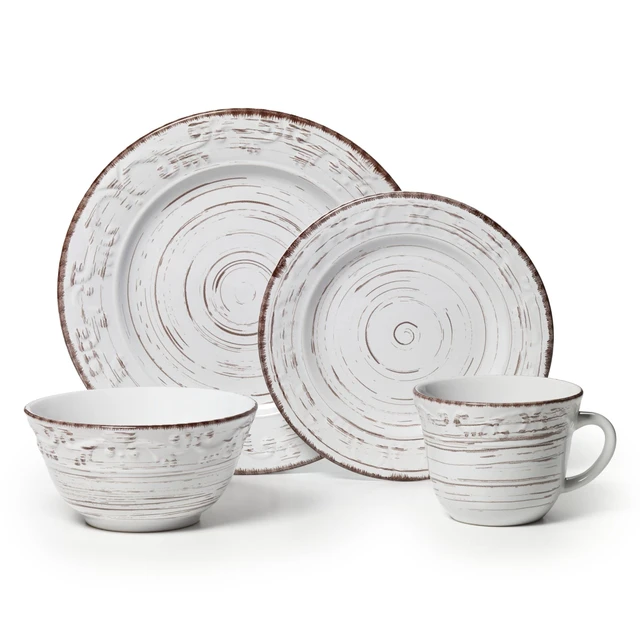 Alt view image 2 of 6 - Trellis White 16-Piece Stoneware Dinnerware Set, Service for 4, Distressed White Finish, Microwave & Dishwasher Safe Plates and Bowls