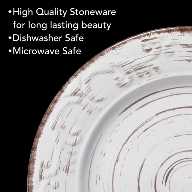Alt view image 4 of 6 - Trellis White 16-Piece Stoneware Dinnerware Set, Service for 4, Distressed White Finish, Microwave & Dishwasher Safe Plates and Bowls