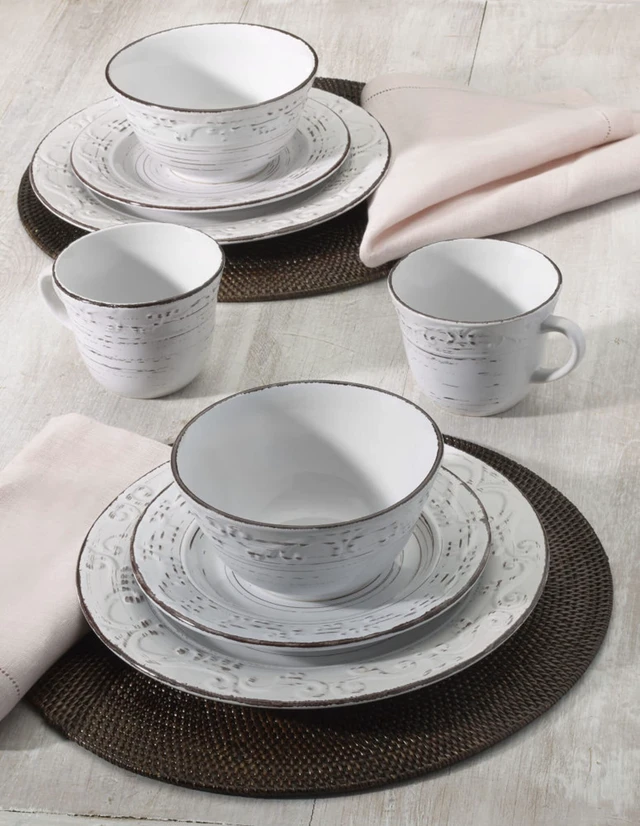 Alt view image 6 of 6 - Trellis White 16-Piece Stoneware Dinnerware Set, Service for 4, Distressed White Finish, Microwave & Dishwasher Safe Plates and Bowls