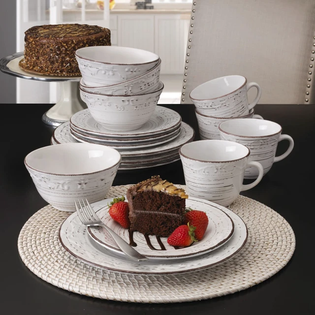 Alt view image 5 of 6 - Trellis White 16-Piece Stoneware Dinnerware Set, Service for 4, Distressed White Finish, Microwave & Dishwasher Safe Plates and Bowls