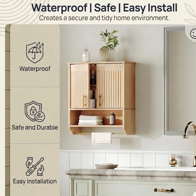 Alt view image 2 of 6 - Narrow Bathroom Wall Cabinet with Towel Rack, Space Saving Medicine Cabinet for Small Spaces, Farmhouse Fluted Wall Storage Cabinet with Adjustable Shelf, Natural