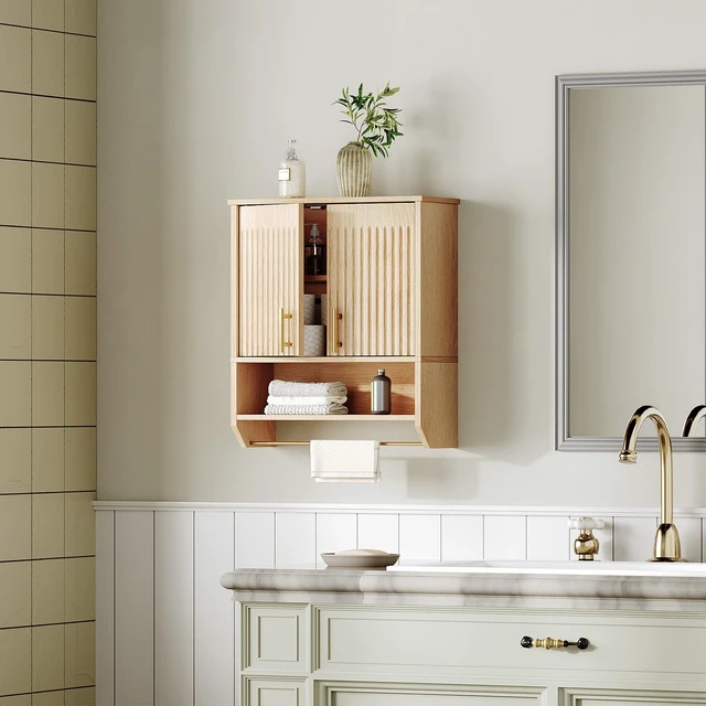 Alt view image 5 of 6 - Narrow Bathroom Wall Cabinet with Towel Rack, Space Saving Medicine Cabinet for Small Spaces, Farmhouse Fluted Wall Storage Cabinet with Adjustable Shelf, Natural
