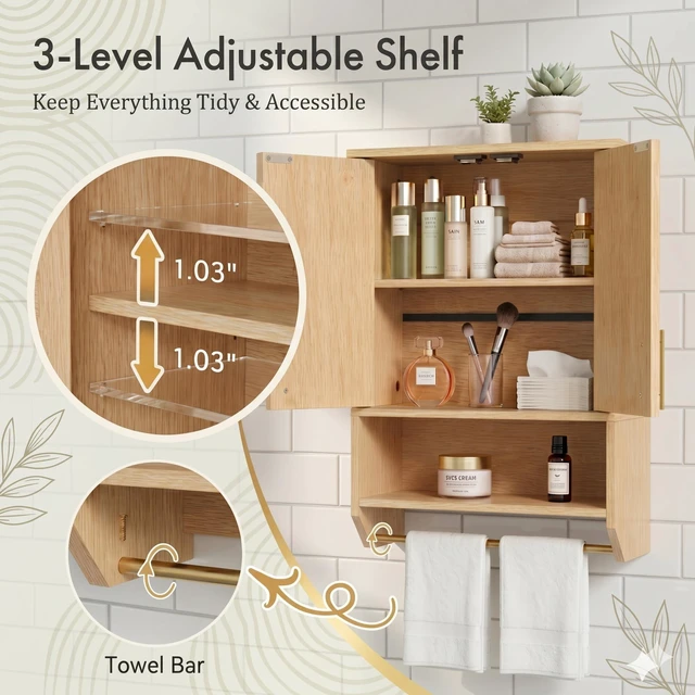 Alt view image 4 of 6 - Narrow Bathroom Wall Cabinet with Towel Rack, Space Saving Medicine Cabinet for Small Spaces, Farmhouse Fluted Wall Storage Cabinet with Adjustable Shelf, Natural