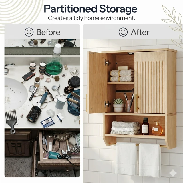Alt view image 3 of 6 - Narrow Bathroom Wall Cabinet with Towel Rack, Space Saving Medicine Cabinet for Small Spaces, Farmhouse Fluted Wall Storage Cabinet with Adjustable Shelf, Natural