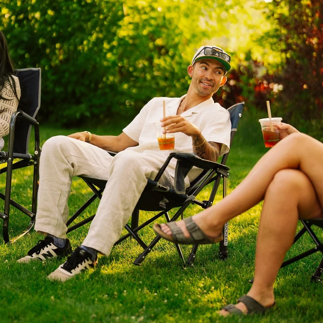 Alt view image 7 of 7 - Outdoor Kickback Rocker Camping Chair | Portable Folding Rocking Chair with Durable Armrests, Drink Holder & Relaxed Lowered Seat for Comfort Heathered Royal