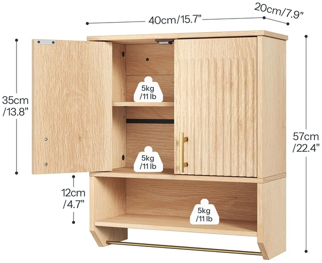 Alt view image 6 of 6 - Narrow Bathroom Wall Cabinet with Towel Rack, Space Saving Medicine Cabinet for Small Spaces, Farmhouse Fluted Wall Storage Cabinet with Adjustable Shelf, Natural