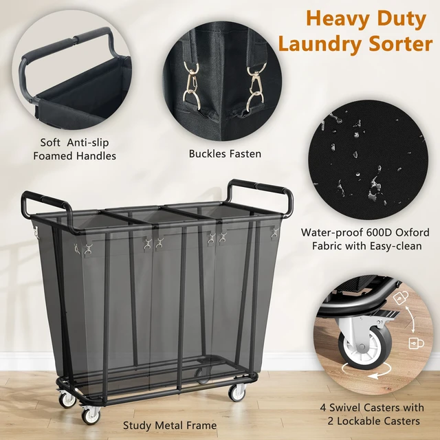 Alt view image 2 of 6 - 3 Section Heavy Duty Laundry Sorter Cart with Wheels, 360L, Black | Rolling Laundry Hamper Sorter Cart, Extra Large Laundry Clothes Hamper, Laundry Basket Organizer for Bathroom, Bedroom, Hotel