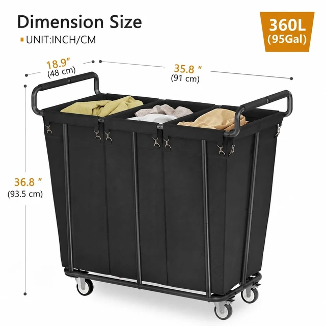 Alt view image 4 of 6 - 3 Section Heavy Duty Laundry Sorter Cart with Wheels, 360L, Black | Rolling Laundry Hamper Sorter Cart, Extra Large Laundry Clothes Hamper, Laundry Basket Organizer for Bathroom, Bedroom, Hotel