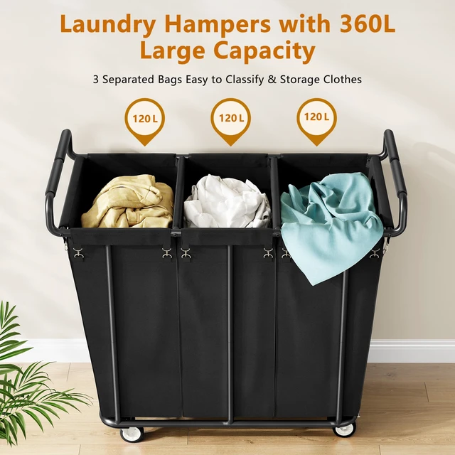 Alt view image 6 of 6 - 3 Section Heavy Duty Laundry Sorter Cart with Wheels, 360L, Black | Rolling Laundry Hamper Sorter Cart, Extra Large Laundry Clothes Hamper, Laundry Basket Organizer for Bathroom, Bedroom, Hotel