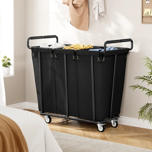 Alt view image 5 of 6 - 3 Section Heavy Duty Laundry Sorter Cart with Wheels, 360L, Black | Rolling Laundry Hamper Sorter Cart, Extra Large Laundry Clothes Hamper, Laundry Basket Organizer for Bathroom, Bedroom, Hotel