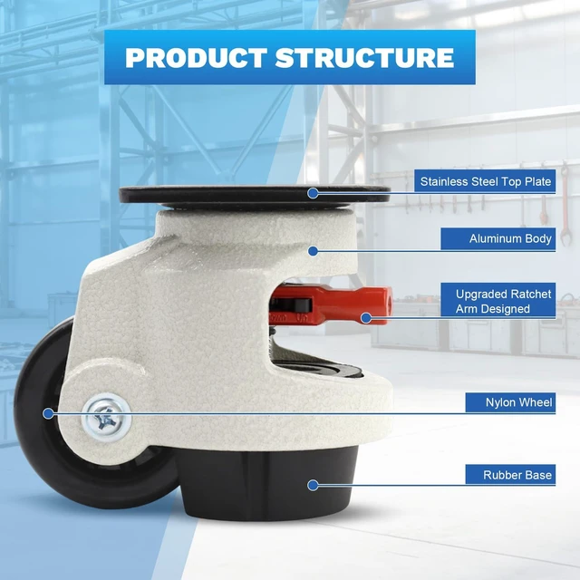 Alt view image 6 of 7 - Leveling Casters Heavy Duty with Upgraded Ratchet Handle Design, 360 Degree Swivel Castor Wheels, Adjustable Casters with Feet for Workbench, Machine, Total Capacity 2200 Lbs (4 Pack)