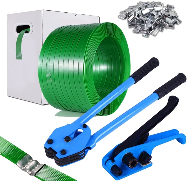 Main image of Banding Strapping Kit, Pallet Strapping Kit, Packaging Banding Tool with 5/8" Width, 1000' Length Polyester Strapping Coil Roll and Dispenser Box Heavy Duty Certified 1200 lbs Break