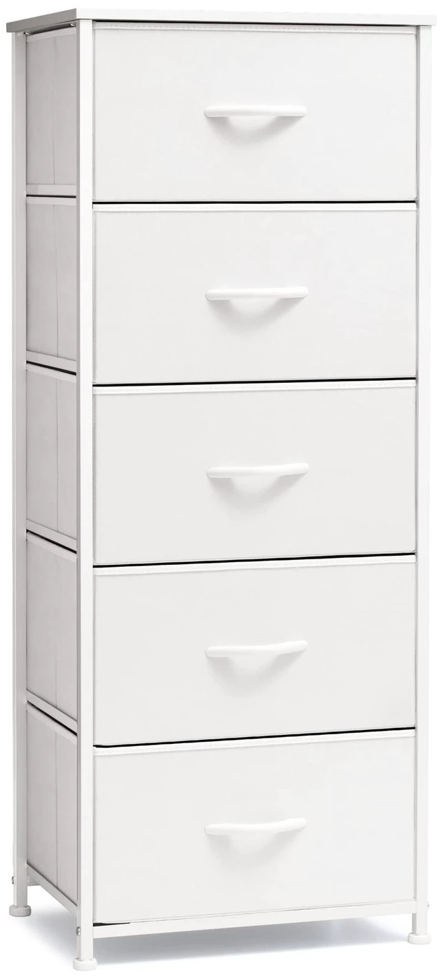 Main image of Tall Dresser Vertical Fabric Storage Tower Organizer, 5 Drawers (White) | Sturdy Steel Frame, Wood Top and Easy Pull Handle, Space-saving Organizer for Clothes, Bedroom, Hallway, Entryway, Closets