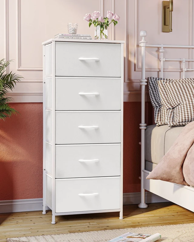 Alt view image 2 of 7 - Tall Dresser Vertical Fabric Storage Tower Organizer, 5 Drawers (White) | Sturdy Steel Frame, Wood Top and Easy Pull Handle, Space-saving Organizer for Clothes, Bedroom, Hallway, Entryway, Closets