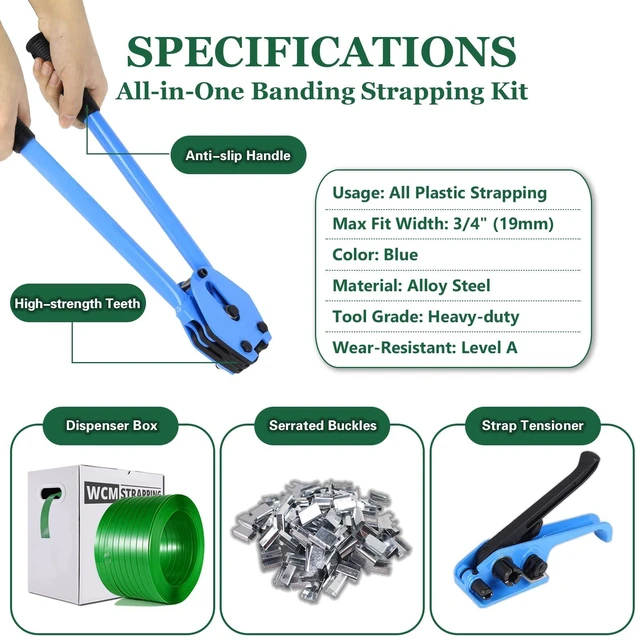 Alt view image 2 of 7 - Banding Strapping Kit, Pallet Strapping Kit, Packaging Banding Tool with 5/8" Width, 1000' Length Polyester Strapping Coil Roll and Dispenser Box Heavy Duty Certified 1200 lbs Break