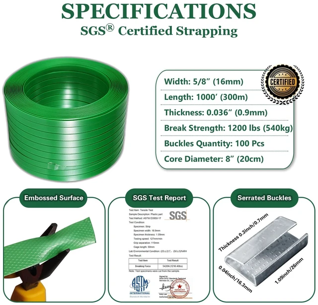 Alt view image 3 of 7 - Banding Strapping Kit, Pallet Strapping Kit, Packaging Banding Tool with 5/8" Width, 1000' Length Polyester Strapping Coil Roll and Dispenser Box Heavy Duty Certified 1200 lbs Break