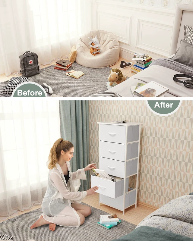 Alt view image 3 of 7 - Tall Dresser Vertical Fabric Storage Tower Organizer, 5 Drawers (White) | Sturdy Steel Frame, Wood Top and Easy Pull Handle, Space-saving Organizer for Clothes, Bedroom, Hallway, Entryway, Closets
