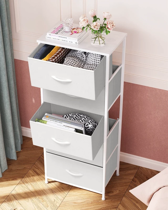 Alt view image 4 of 7 - Tall Dresser Vertical Fabric Storage Tower Organizer, 5 Drawers (White) | Sturdy Steel Frame, Wood Top and Easy Pull Handle, Space-saving Organizer for Clothes, Bedroom, Hallway, Entryway, Closets