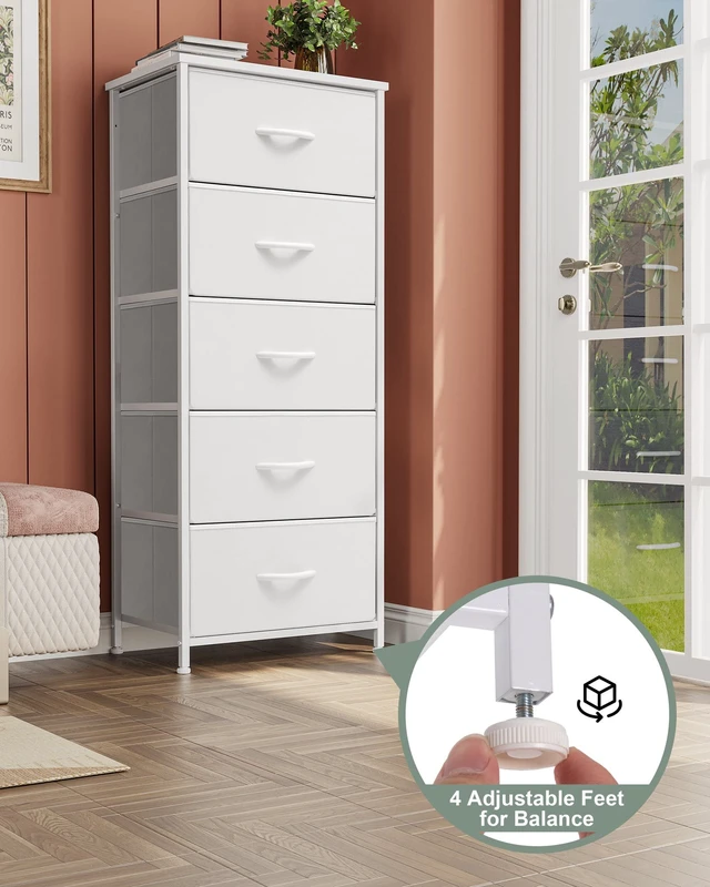 Alt view image 5 of 7 - Tall Dresser Vertical Fabric Storage Tower Organizer, 5 Drawers (White) | Sturdy Steel Frame, Wood Top and Easy Pull Handle, Space-saving Organizer for Clothes, Bedroom, Hallway, Entryway, Closets