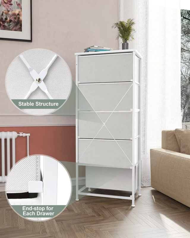 Alt view image 6 of 7 - Tall Dresser Vertical Fabric Storage Tower Organizer, 5 Drawers (White) | Sturdy Steel Frame, Wood Top and Easy Pull Handle, Space-saving Organizer for Clothes, Bedroom, Hallway, Entryway, Closets