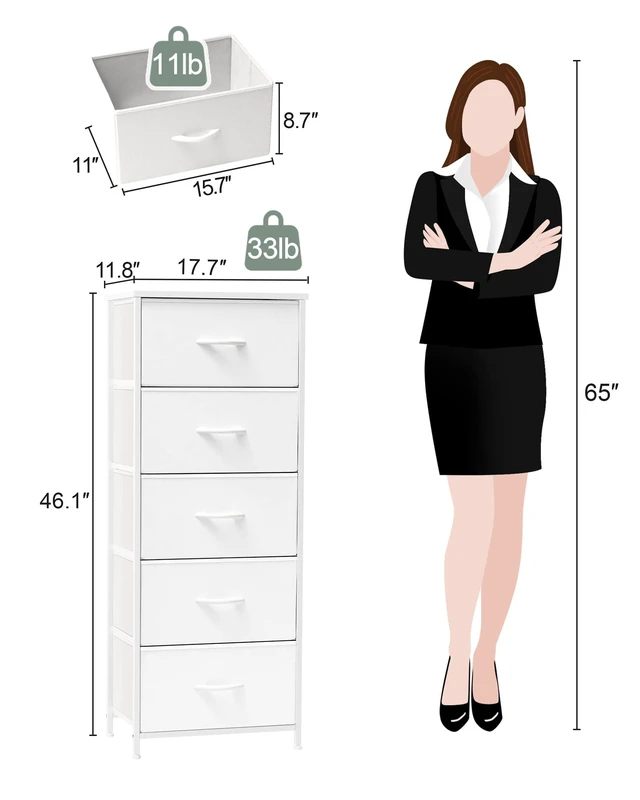 Alt view image 7 of 7 - Tall Dresser Vertical Fabric Storage Tower Organizer, 5 Drawers (White) | Sturdy Steel Frame, Wood Top and Easy Pull Handle, Space-saving Organizer for Clothes, Bedroom, Hallway, Entryway, Closets