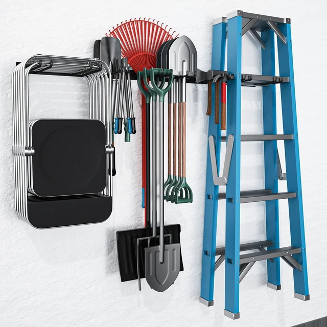 Alt view image 2 of 7 - Folding Chair Storage Rack Wall Mount, Garden Tool Hanger for Garage Organization, Patio, Beach & Camping Chairs Organizer Hooks, Holds 480 lbs - 4 Pack