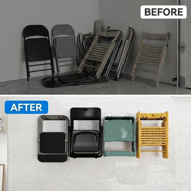 Alt view image 5 of 7 - Folding Chair Storage Rack Wall Mount, Garden Tool Hanger for Garage Organization, Patio, Beach & Camping Chairs Organizer Hooks, Holds 480 lbs - 4 Pack