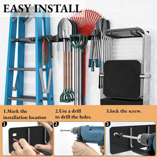 Alt view image 4 of 7 - Folding Chair Storage Rack Wall Mount, Garden Tool Hanger for Garage Organization, Patio, Beach & Camping Chairs Organizer Hooks, Holds 480 lbs - 4 Pack