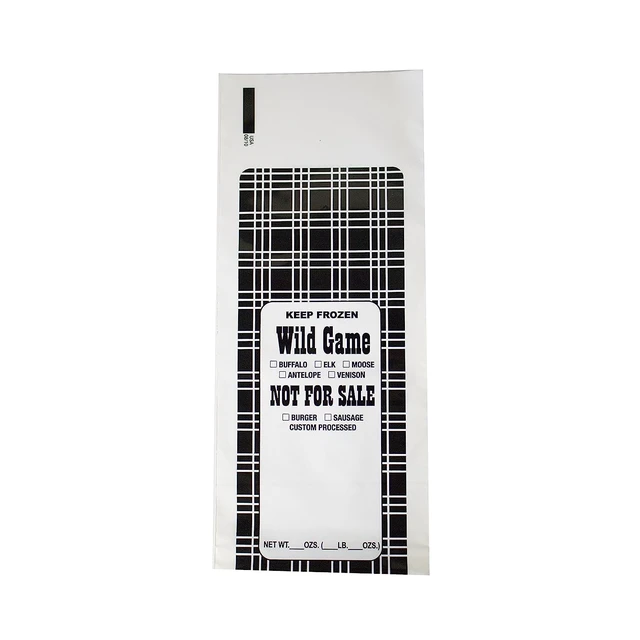 Alt view image 2 of 5 - Wild Game Meat Bags, 1 lb, 1000 Count, Black Plaid | Black plaid print marked Not For Sale for venison, elk and sausage processing