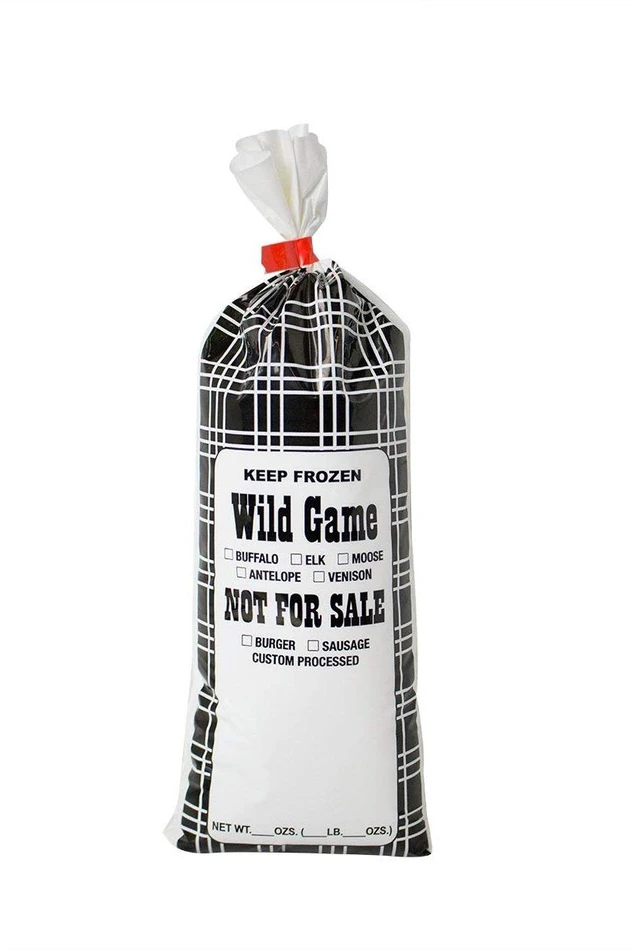 Main image of Wild Game Meat Bags, 1 lb, 1000 Count, Black Plaid | Black plaid print marked Not For Sale for venison, elk and sausage processing