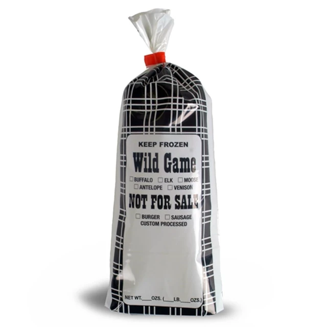 Alt view image 4 of 5 - Wild Game Meat Bags, 1 lb, 1000 Count, Black Plaid | Black plaid print marked Not For Sale for venison, elk and sausage processing