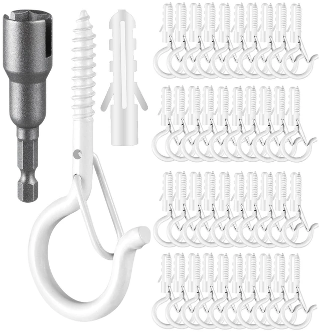 Main image of 96 PCS Q-Hanger Hooks with Safety Buckle, Windproof Screw Hooks | for Outdoor String Lights Hanging Christmas Patio Lights, Plants, Cup Eye Hooks Mount on Wall Ceiling Wood Fence Deck, White