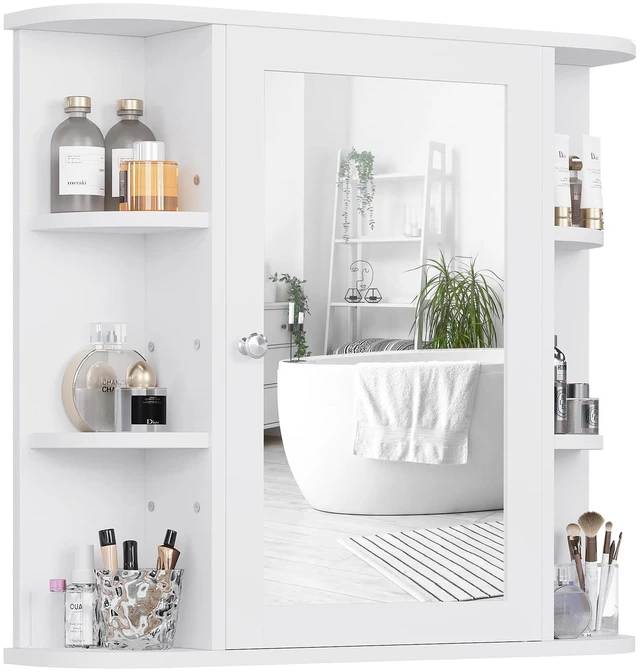 Main image of Bathroom Medicine Cabinet with Mirror, Wall Mounted, White | Mirrored Door Over the Toilet Storage, with 4 Internal and 6 Open Shelves, Storage Organizer Cupboard, Easy to Assemble
