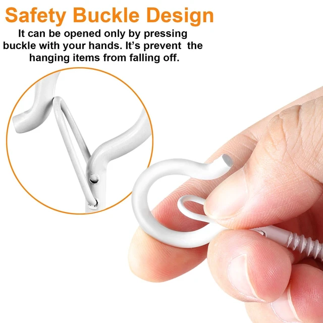 Alt view image 2 of 7 - 96 PCS Q-Hanger Hooks with Safety Buckle, Windproof Screw Hooks | for Outdoor String Lights Hanging Christmas Patio Lights, Plants, Cup Eye Hooks Mount on Wall Ceiling Wood Fence Deck, White