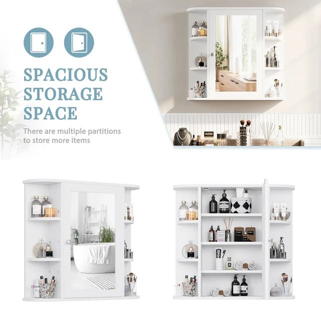 Alt view image 2 of 4 - Bathroom Medicine Cabinet with Mirror, Wall Mounted, White | Mirrored Door Over the Toilet Storage, with 4 Internal and 6 Open Shelves, Storage Organizer Cupboard, Easy to Assemble
