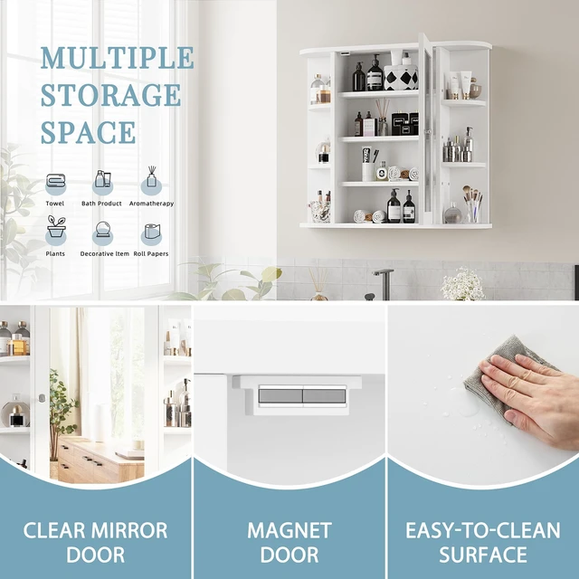 Alt view image 3 of 4 - Bathroom Medicine Cabinet with Mirror, Wall Mounted, White | Mirrored Door Over the Toilet Storage, with 4 Internal and 6 Open Shelves, Storage Organizer Cupboard, Easy to Assemble