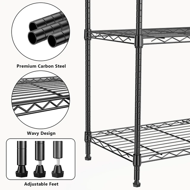 Alt view image 4 of 7 - 1250 lbs 5 Tier Shelf Metal Storage Shelves Wire Rack Closet Organizers with Wheel for Garage Kitchen Bathroom Laundry Black 13.7" D x 23.6" W x 62.4" H