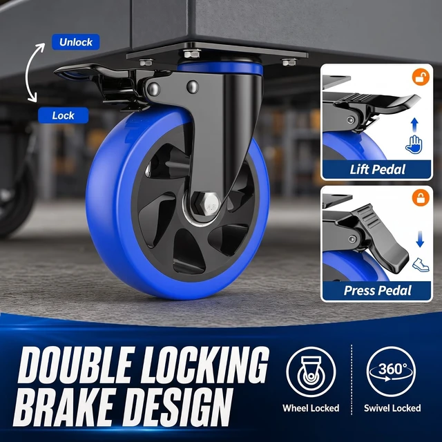 Alt view image 3 of 7 - 6 Inch Caster Wheels, Heavy Duty Swivel Casters Set of 4 with Brake | Polyurethane Wheels, No Noise Dual Lock Industrial Plate Casters for Furniture, Workbench, Cart(Include Free Hardware Kits)