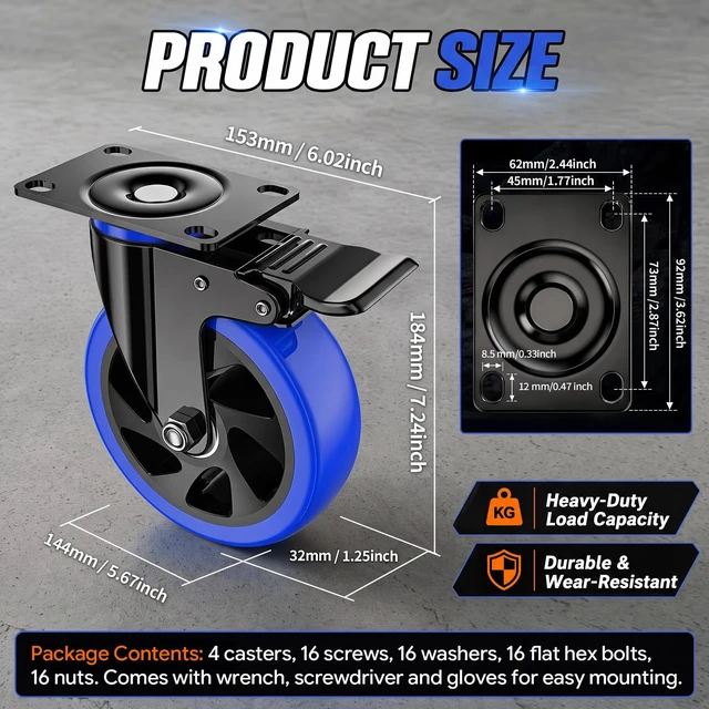Alt view image 2 of 7 - 6 Inch Caster Wheels, Heavy Duty Swivel Casters Set of 4 with Brake | Polyurethane Wheels, No Noise Dual Lock Industrial Plate Casters for Furniture, Workbench, Cart(Include Free Hardware Kits)