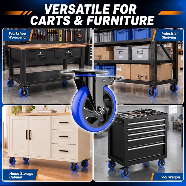 Alt view image 6 of 7 - 6 Inch Caster Wheels, Heavy Duty Swivel Casters Set of 4 with Brake | Polyurethane Wheels, No Noise Dual Lock Industrial Plate Casters for Furniture, Workbench, Cart(Include Free Hardware Kits)