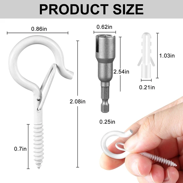 Alt view image 7 of 7 - 96 PCS Q-Hanger Hooks with Safety Buckle, Windproof Screw Hooks | for Outdoor String Lights Hanging Christmas Patio Lights, Plants, Cup Eye Hooks Mount on Wall Ceiling Wood Fence Deck, White